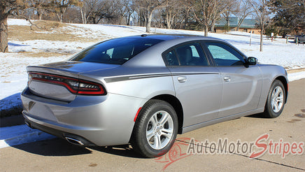 Detailed view of 2015-2023 Dodge Charger Rive Hood Spear and Rear Quarter Panel Mopar Style Vinyl Graphics 3M Stripes Kit