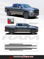 Detailed view of 2019-2025 Dodge Ram Stripes Side Door Body Decals Truck Edge Vinyl Graphic 3M Stripe Package