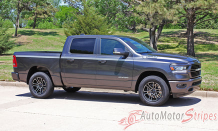 Detailed view of 2019-2025 Dodge Ram Stripes Side Door Body Decals Truck Edge Vinyl Graphic 3M Stripe Package