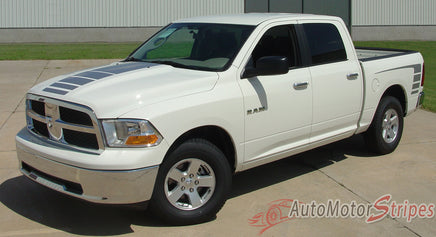2009-2016 Dodge Ram Power Truck Hood and Rear Side Strobes Truck Bed Vinyl Graphic - Silver Metallic on White Side Driver View