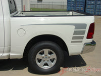 2009-2016 Dodge Ram Power Truck Hood and Rear Side Strobes Truck Bed Vinyl Graphic - Silver Metallic on White Rear Bed Driver View
