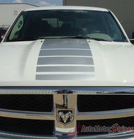 2009-2017 Dodge Ram Power Truck Hood and Rear Side Strobes Truck Bed Vinyl Graphic - Silver Metallic on White Close Up Hood View