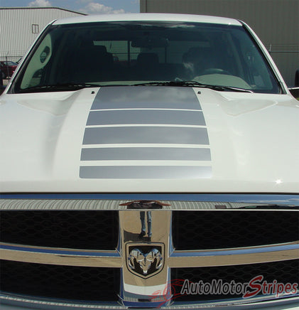 2009-2017 Dodge Ram Power Truck Hood and Rear Side Strobes Truck Bed Vinyl Graphic - Silver Metallic on White Close Up Hood View