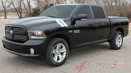 2009-2016 Dodge Ram Hash Marks Double Bar Truck Hood Fender Vinyl Graphic - Silver Metallic on Black Front View of Hood