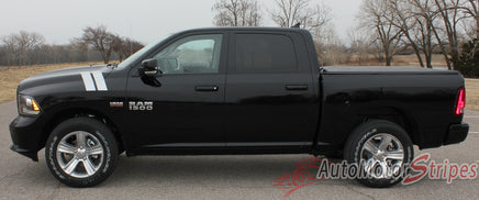 2009-2016 Dodge Ram Hash Marks Double Bar Truck Hood Fender Vinyl Graphic - Silver Metallic on Black Front Driver View of Hood