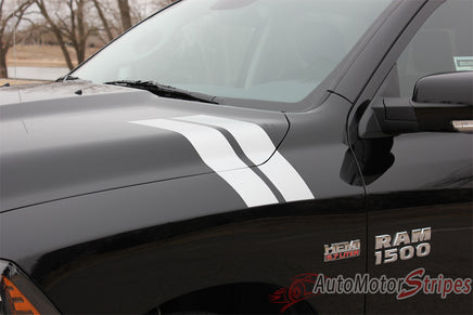 2009-2017 Dodge Ram Hash Marks Double Bar Truck Hood Fender Vinyl Graphic - Silver Metallic on Black Close Up View of Hood