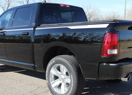 2009-2017 Dodge Ram Hustle Truck Hood Spears Spikes Side Pin Stripe Vinyl Graphic 3M Package - Side View of Silver Metallic on Gloss Black Paint