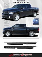 2009-2017 Dodge Ram Hustle Truck Hood Spears Spikes Side Pin Stripe Vinyl Graphic 3M Package - Side View of Silver Metallic on Gloss Black Paint