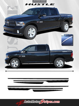 2009-2017 Dodge Ram Hustle Truck Hood Spears Spikes Side Pin Stripe Vinyl Graphic 3M Package - Side View of Silver Metallic on Gloss Black Paint