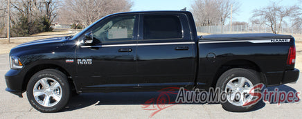 2009-2017 Dodge Ram Hustle Truck Hood Spears Spikes Side Pin Stripe Vinyl Graphic 3M Package - Driver Side View of Silver Metallic on Gloss Black Paint