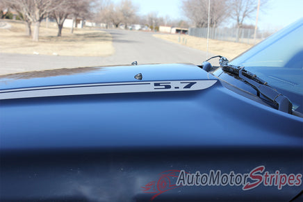 2009-2016 Dodge Ram Hustle Truck Hood Spears Spikes Side Pin Stripe Vinyl Graphic 3M Package - Hood View of Silver Metallic on Gloss Black Paint