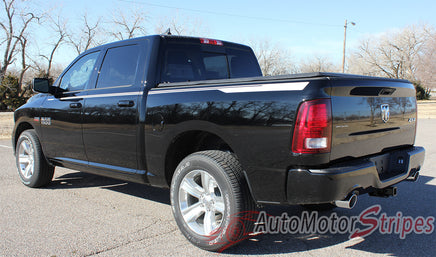 2009-2017 Dodge Ram Hustle Truck Hood Spears Spikes Side Pin Stripe Vinyl Graphic 3M Package - Side View of Silver Metallic on Gloss Black Paint
