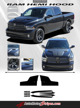 2009-2017 2018 Dodge Ram Hemi Hood Blackout Accent Solid Center Winged Vinyl Graphic Truck 3M Stripe Kit