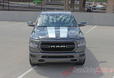 Detailed view of 2019-2025 Dodge Ram Racing Stripes Rally Hood Tailgate Truck Decals Vinyl Graphic 3M Stripe Package