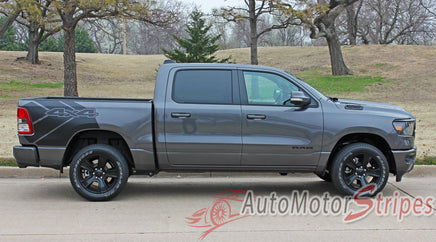 Detailed view of 2019-2025 Dodge Ram Rebel Side Bed Decals 1500 Stripes Truck Vinyl Graphics 3M Stripe Package