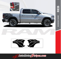 Detailed view of 2019-2025 Dodge Ram Rebel Side Bed Decals 1500 Stripes Truck Vinyl Graphics 3M Stripe Package