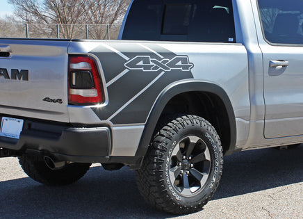 Detailed view of 2019-2025 Dodge Ram Rebel Side Bed Decals 1500 Stripes Truck Vinyl Graphics 3M Stripe Package