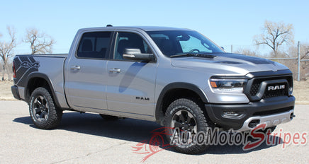 Detailed view of 2019-2025 Dodge Ram Rebel Side Bed Decals 1500 Stripes Truck Vinyl Graphics 3M Stripe Package