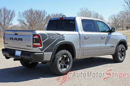 Detailed view of 2019-2025 Dodge Ram Rebel Side Bed Decals 1500 Stripes Truck Vinyl Graphics 3M Stripe Package