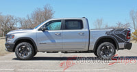 Detailed view of 2019-2025 Dodge Ram Rebel Side Bed Decals 1500 Stripes Truck Vinyl Graphics 3M Stripe Package