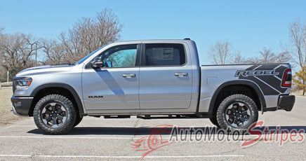 Detailed view of 2019-2025 Dodge Ram Rebel Side Bed Decals 1500 Stripes Truck Vinyl Graphics 3M Stripe Package