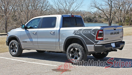 Detailed view of 2019-2025 Dodge Ram Rebel Side Bed Decals 1500 Stripes Truck Vinyl Graphics 3M Stripe Package