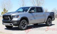 Detailed view of 2019-2025 Dodge Ram Rebel Side Bed Decals 1500 Stripes Truck Vinyl Graphics 3M Stripe Package