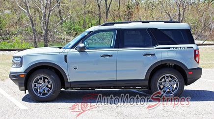 Detailed view of 2021-2026 Ford Bronco Sport RIDER Side Body Stripes Upper Door Accent Decals Vinyl Graphics Kits 3M