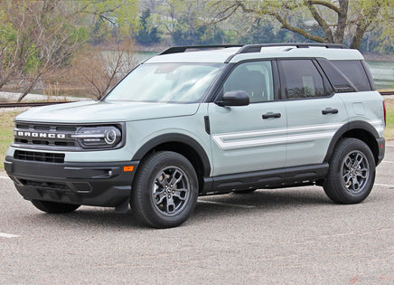 Detailed view of 2021-2026 Ford Bronco Sport REVIVE Retro Side Body Stripes Upper Door Accent Decals Vinyl Graphics Kits 3M