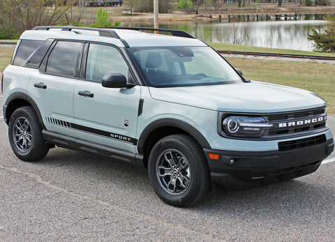 Detailed view of 2021-2026 Ford Bronco Sport BREAK Side Body Door Stripes Lower Rocker Panel Accent Decals Vinyl Graphics Kits 3M