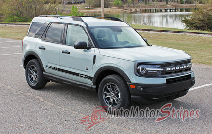 Detailed view of 2021-2026 Ford Bronco Sport BREAK Side Body Door Stripes Lower Rocker Panel Accent Decals Vinyl Graphics Kits 3M