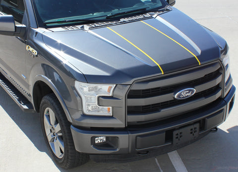 Detailed view of 2015-2020 Ford F-150 Borderline Center Racing Stripe w/ Outline Vinyl Decal Graphic 3M Stripes