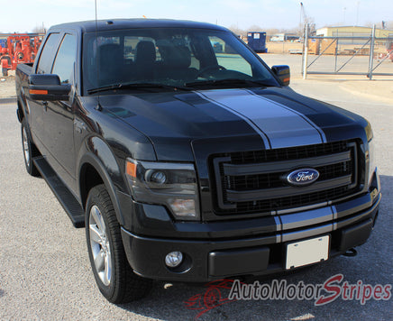 2009 - 2014 Ford F-150 Center Stripe Factory Style Vinyl Decal - Front Hood View with Silver Metallic on Black Paint
