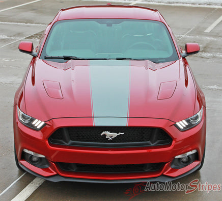 Detailed view of 2015-2017 Ford Mustang Stellar Boss 302 Factory OEM Style Hood and Side Stripes Vinyl Graphics 3M Decals - Front Hood View