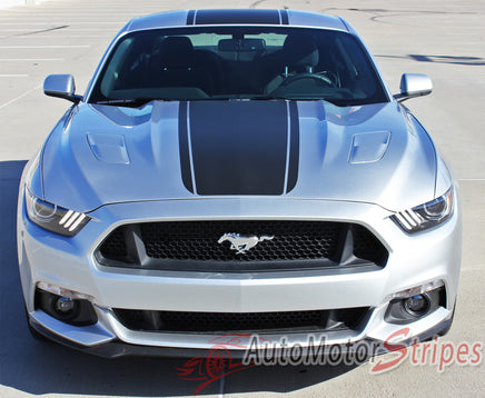 Detailed view of 2015-2017 Ford Mustang Super Snake Median Mohawk Center Wide Racing Rally Stripes Vinyl Graphic  - Hood View