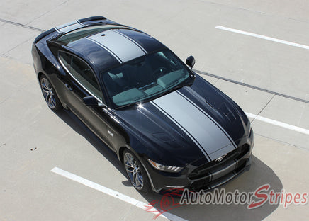 2015-2017 Ford Mustang Super Snake Contender Mohawk Center Wide Racing Rally Stripes Vinyl Graphics 3M Decal - Front Top View