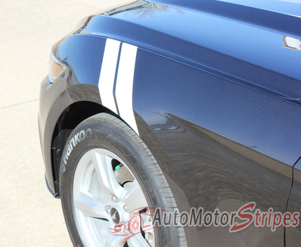 Detailed view of 2015-2017 Ford Mustang Double Bar Hood to Fender Hash Mark Side Stripes Vinyl Graphics 3M Decal - Driver Side View