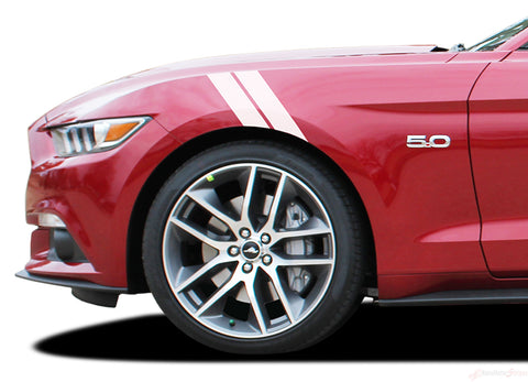 Detailed view of 2015-2017 Ford Mustang Double Bar Hood to Fender Hash Mark Side Stripes Vinyl Graphics 3M Decal