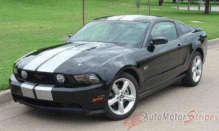 2010 - 2012 Ford Mustang Stampede Factory OEM Style Lemans 10" Racing Rally Stripes Vinyl Graphics- Front View Black Mustang