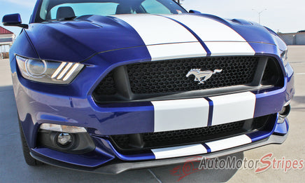 Detailed view of 2015-2017 Ford Mustang Stallion 10" Wide Lemans Factory Style Racing Rally Stripes Vinyl Graphics - Front Bumper View