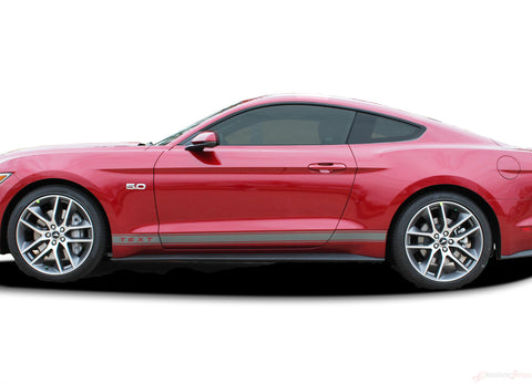 Detailed view of 2015-2017 Ford Mustang "STALLION ROCKER ONE" Factory OEM Style Lower Rocker Stripes Vinyl Decal Graphics