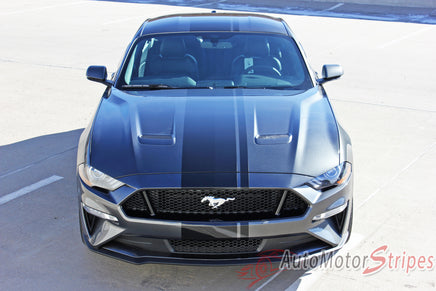Detailed view of 2018-2023 Ford Mustang Racing Stripes Euro XL Rally Stripes Center Wide Vinyl Graphics 3M Decals
