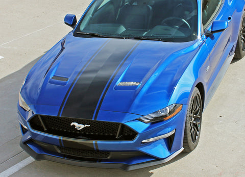 Detailed view of 2018-2023 Ford Mustang Racing Stripes Hyper Rally Stripes Center Wide Vinyl Graphics 3M Decals