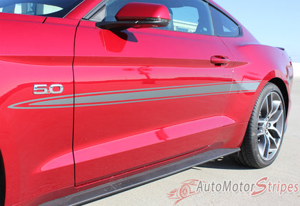 Detailed view of 2015-2017 Ford Mustang Lance Side Spike Spears Stripes Vinyl Graphics 3M Decals - Driver Side Close Up View