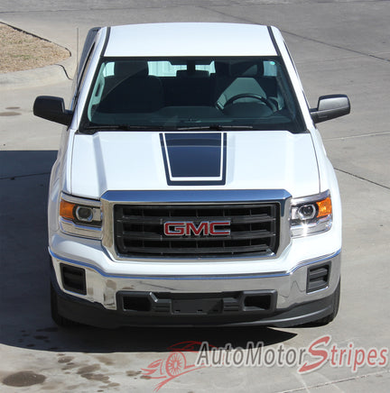 2014-2017 GMC Sierra Midway Edition Style Truck Center Hood Racing Vinyl Graphics Stripes - Front Hood View