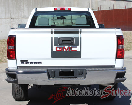 2014-2016 GMC Sierra Midway Edition Style Truck Center Hood Racing Vinyl Graphics Stripes - Tailgate View