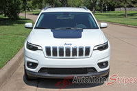 Detailed view of 2018-2025  Jeep Cherokee Trailhawk Hood Decal T-Hawk Center Blackout Vinyl Graphic Stripes