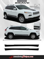 View of 2014-2024 Jeep Cherokee Brave Lower Rocker Panel Accent Vinyl Decal Graphic 3M Stripes