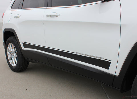 View of 2014-2024 Jeep Cherokee Brave Lower Rocker Panel Accent Vinyl Decal Graphic 3M Stripes