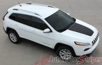View of 2014-2024 Jeep Cherokee T-Hawk Factory OEM Style Center Hood Blackout Vinyl Decal Graphic Stripes